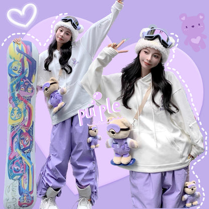 Skibear Cute Bear White Purple Over-sized 3L Snowboarding Hoodie & Pant