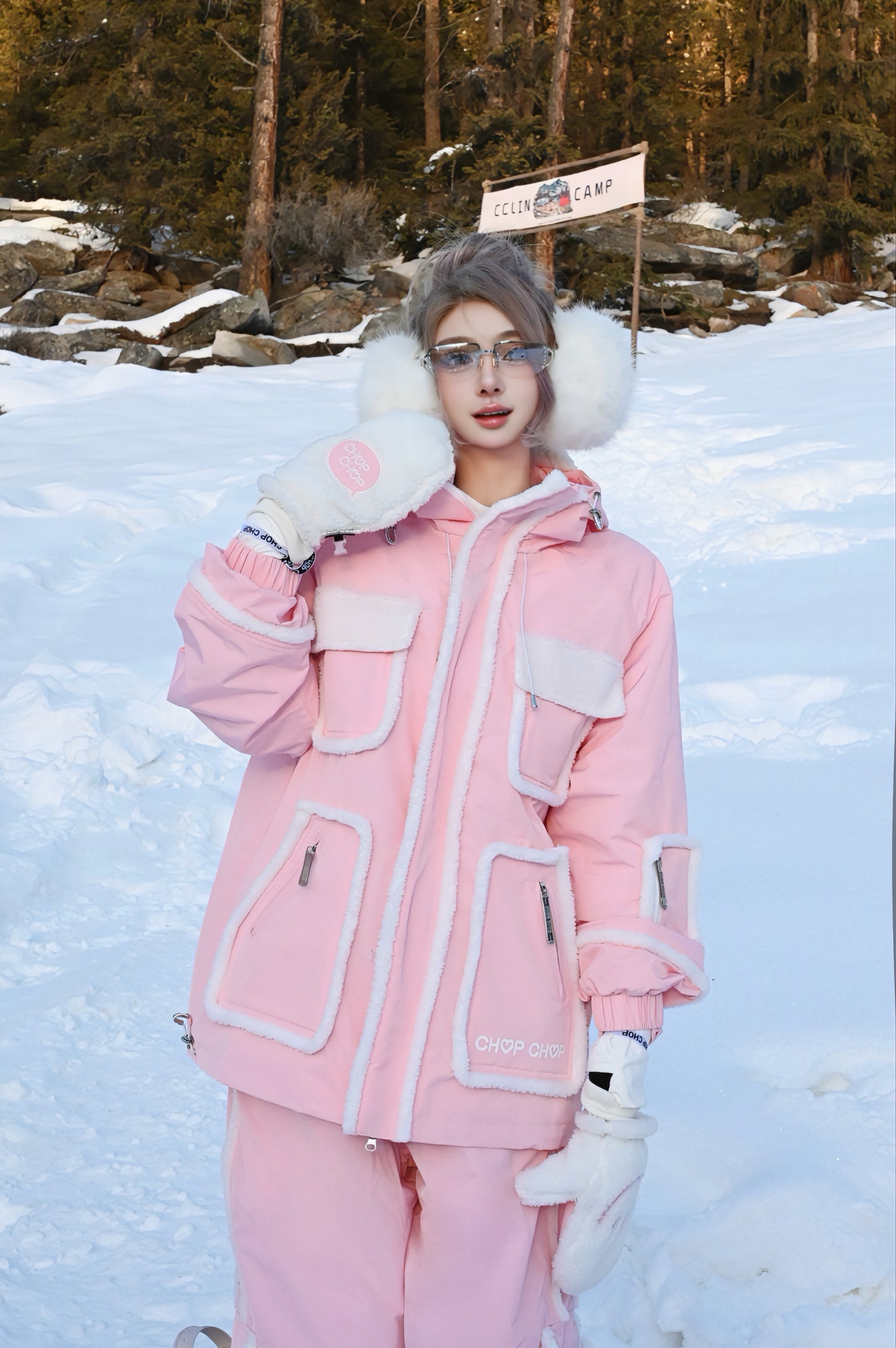 Chopchop Pink/Blue Cute Fluffy Snowboarding Jacket & Pants